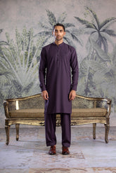 Stitched Kurta Shalwar With Contrast Buttons & Details for Men - Indigo